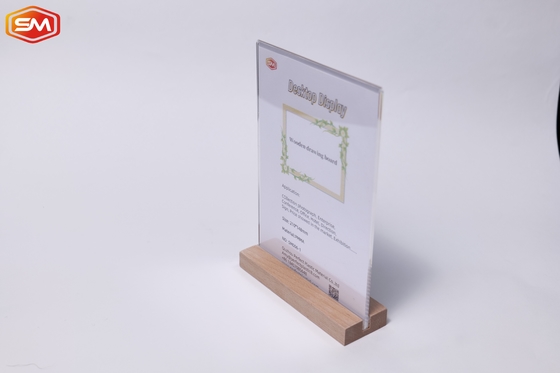 Acrylische tafelbladplaathouer Frame Menu-houder met houten ondergrond